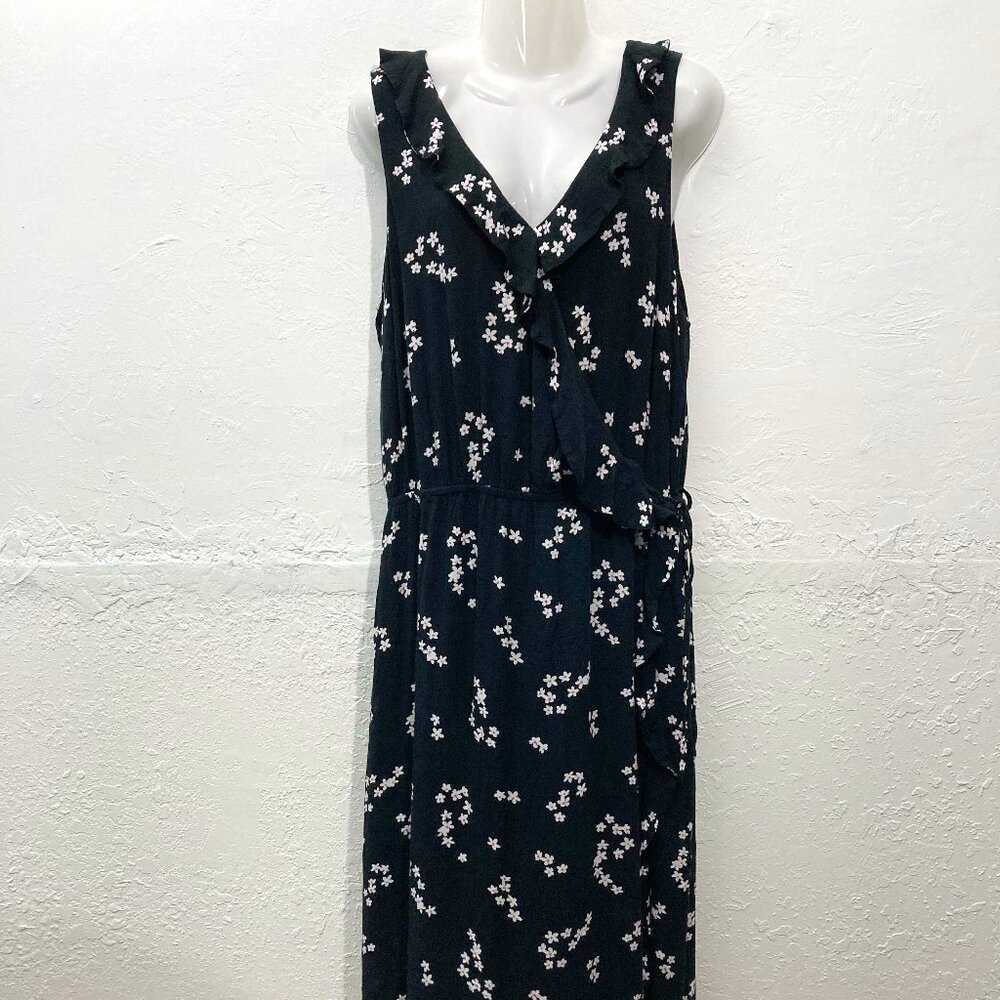 J Jill Faux Wrap Sleeveless Maxi Dress Daisy Black Ruffle Trim Front Slip L